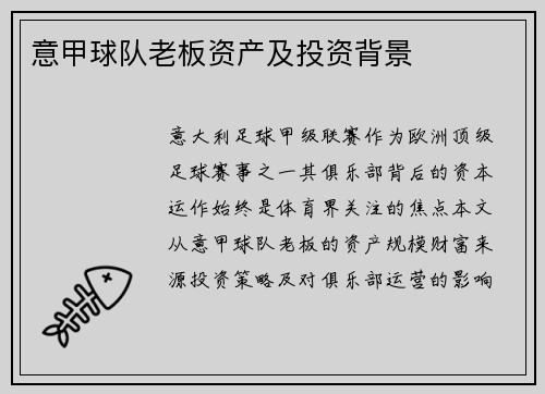 意甲球队老板资产及投资背景
